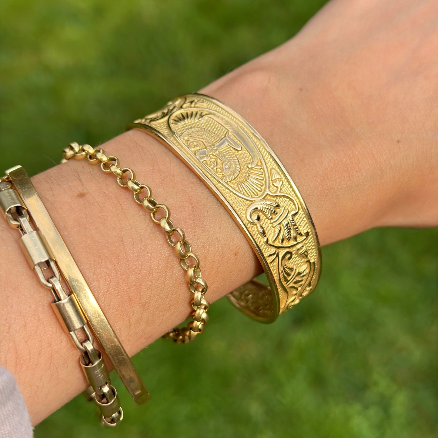 Estate 18KT Yellow Gold Egyptian Cuff Bangle Bracelet