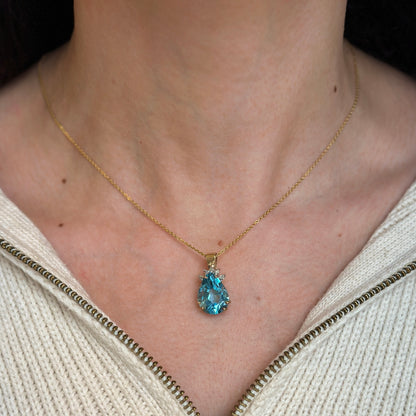 Estate 14KT Yellow Gold Pear Blue Topaz + Diamond Pendant