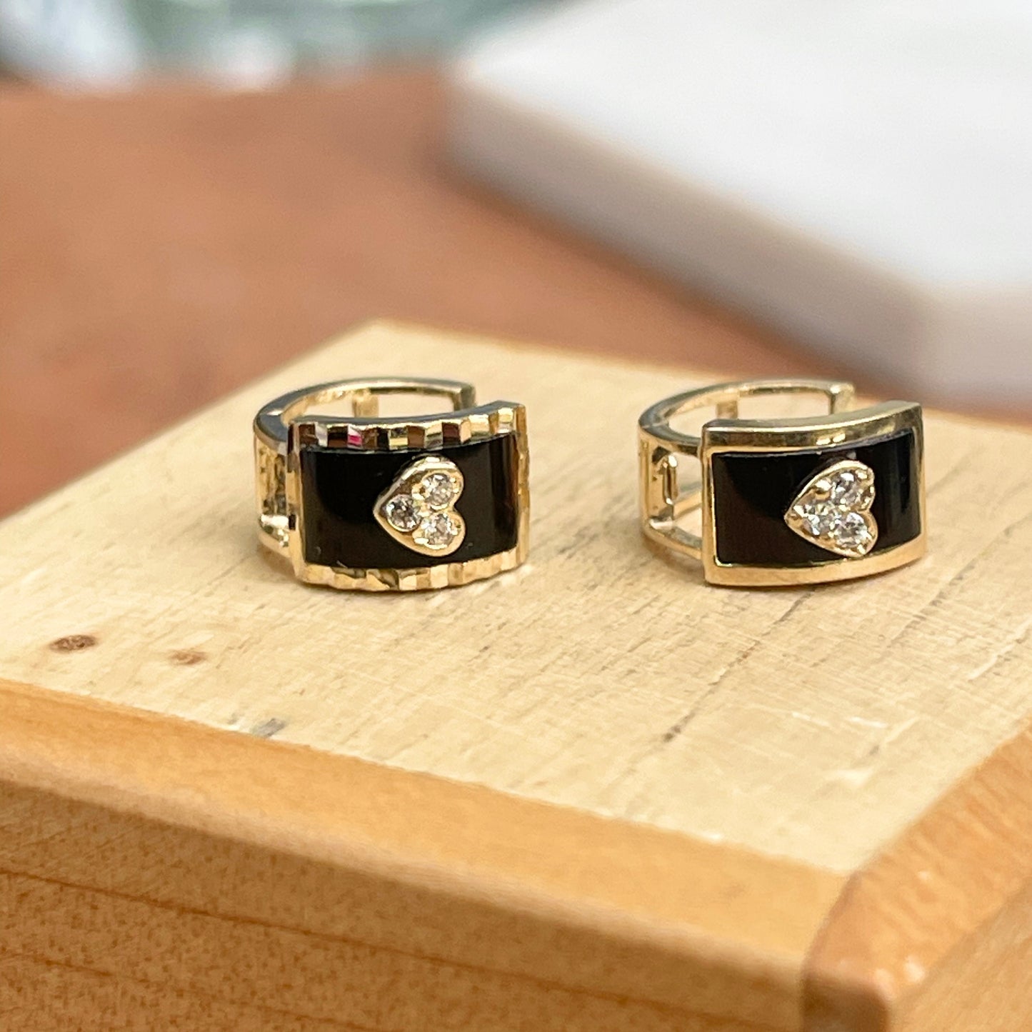 14KT Yellow Gold Tiny Black Enamel + CZ Earrings