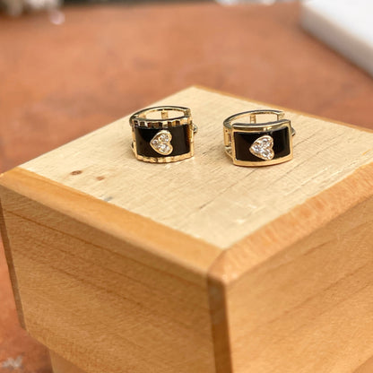 14KT Yellow Gold Tiny Black Enamel + CZ Earrings