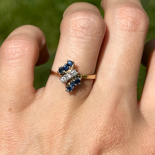 Estate 14KT Yellow Gold Blue Sapphire + Diamond Cluster Ring