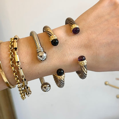 Estate 14KT Yellow Gold + Sterling Silver Cable Twist Black Onyx Cuff Bracelet