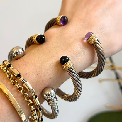 Estate 14KT Yellow Gold + Sterling Silver Cable Twist Amethyst Cuff Bracelet