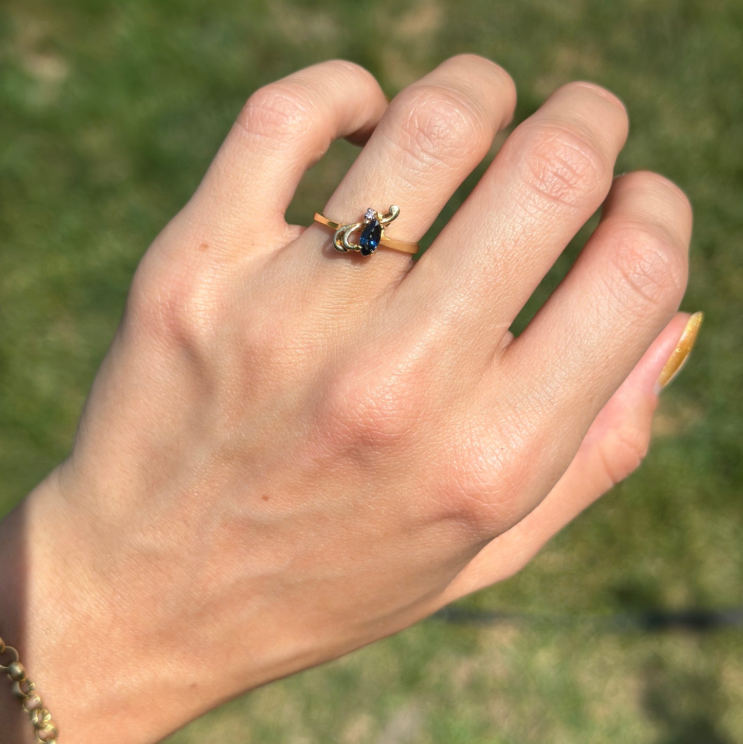 Estate 10KT Yellow Gold Marquise Blue Sapphire + Diamond Swirl Ring