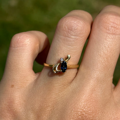 Estate 10KT Yellow Gold Marquise Blue Sapphire + Diamond Swirl Ring