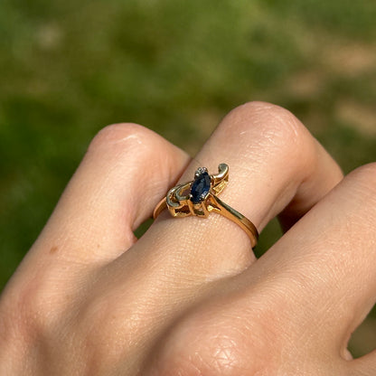 Estate 10KT Yellow Gold Marquise Blue Sapphire + Diamond Swirl Ring