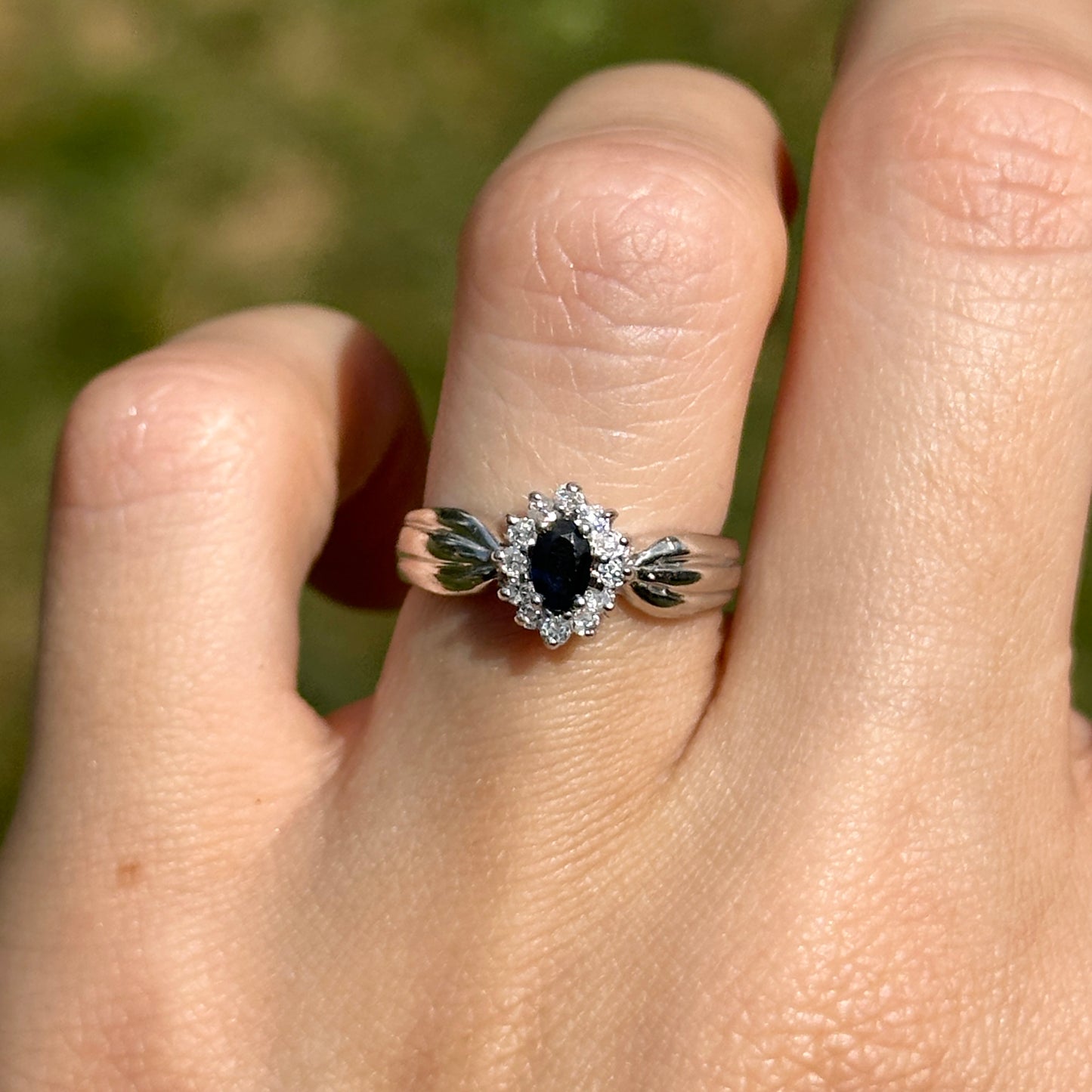 Estate 14KT White Gold Marquise Blue Sapphire + Diamond Halo Ring