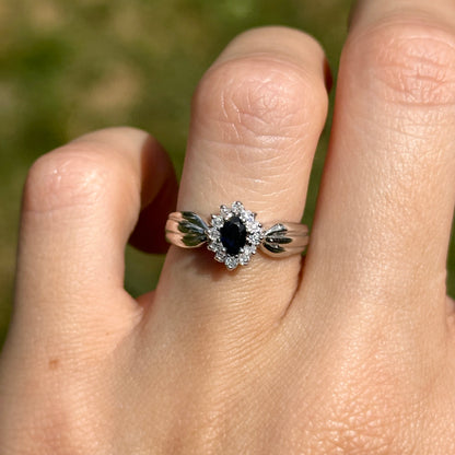 Estate 14KT White Gold Marquise Blue Sapphire + Diamond Halo Ring