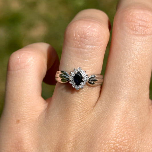 Estate 14KT White Gold Marquise Blue Sapphire + Diamond Halo Ring
