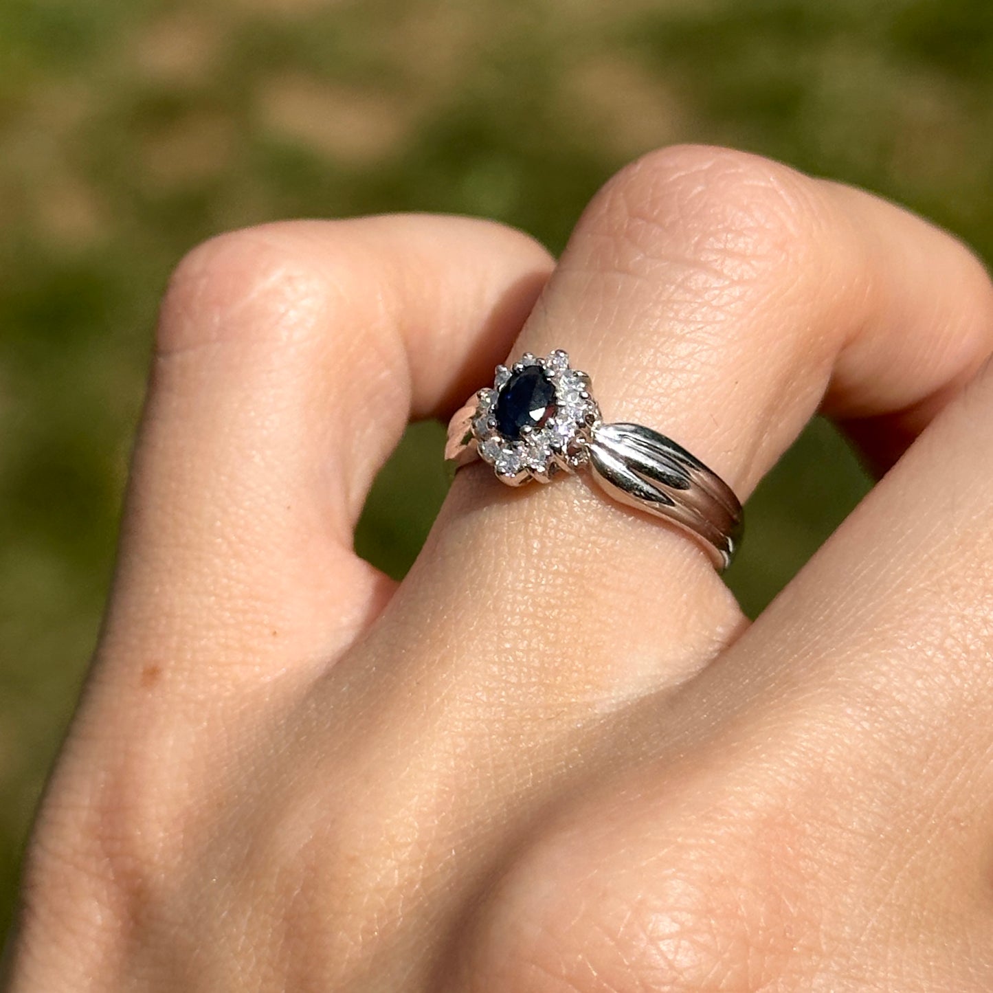 Estate 14KT White Gold Marquise Blue Sapphire + Diamond Halo Ring