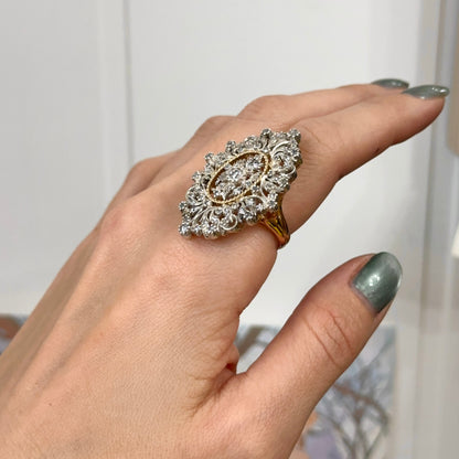 Estate 18KT Yellow Gold + Platinum Faceted Diamond Filigree Large Accent Ring