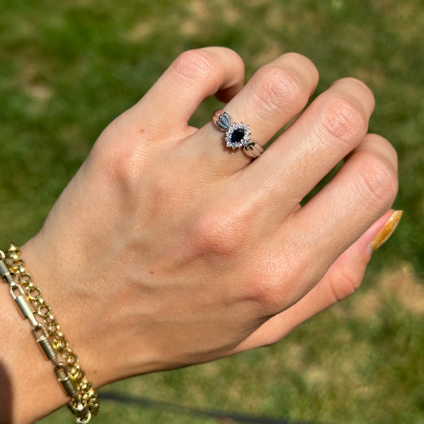 Estate 14KT White Gold Marquise Blue Sapphire + Diamond Halo Ring
