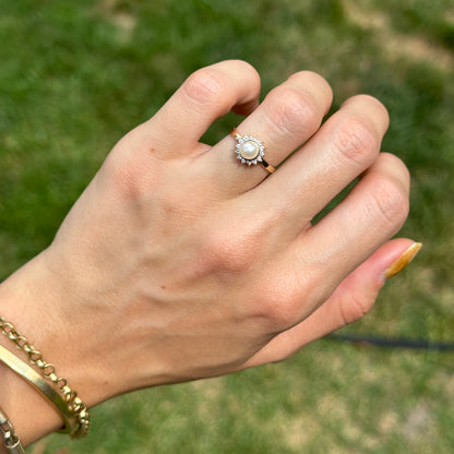 Estate 14KT Yellow Gold Pearl + Diamond Halo Ring