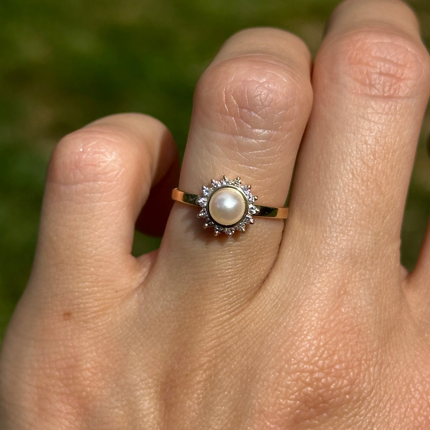 Estate 14KT Yellow Gold Pearl + Diamond Halo Ring