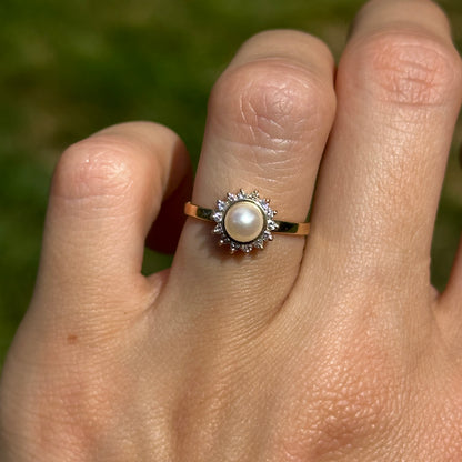 Estate 14KT Yellow Gold Pearl + Diamond Halo Ring