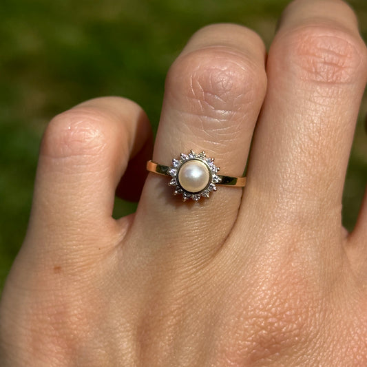 Estate 14KT Yellow Gold Pearl + Diamond Halo Ring