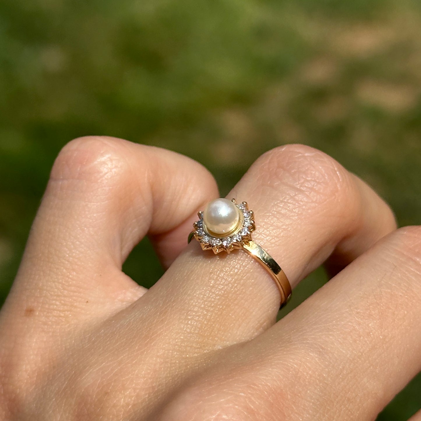 Estate 14KT Yellow Gold Pearl + Diamond Halo Ring