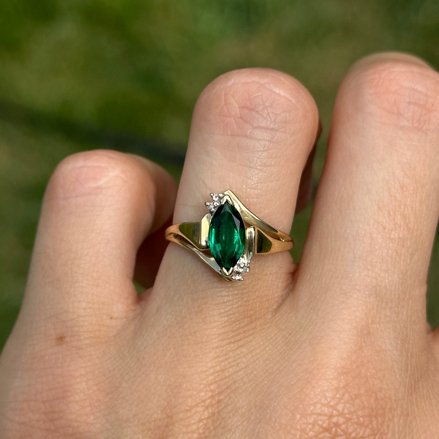 Estate 10KT Yellow Gold Lab Marquise Emerald + Diamond Ring