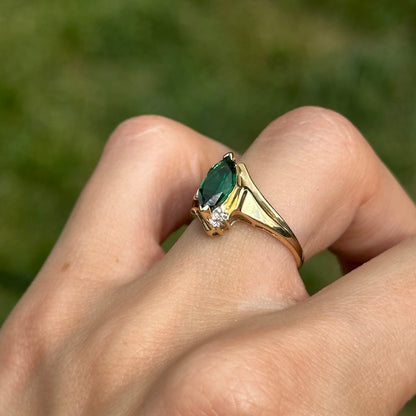 Estate 10KT Yellow Gold Lab Marquise Emerald + Diamond Ring