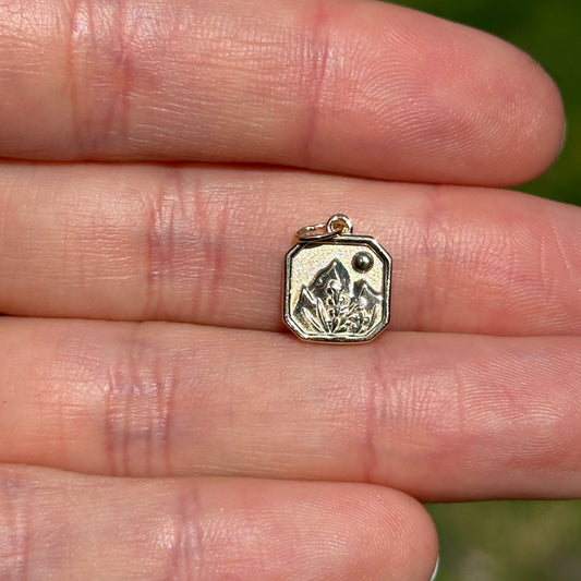 14KT Yellow Gold Mountains Landscape Square Pendant Charm