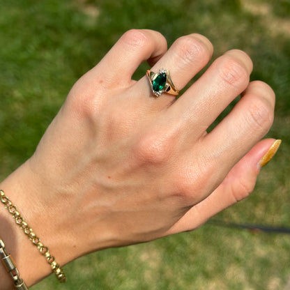 Estate 10KT Yellow Gold Lab Marquise Emerald + Diamond Ring