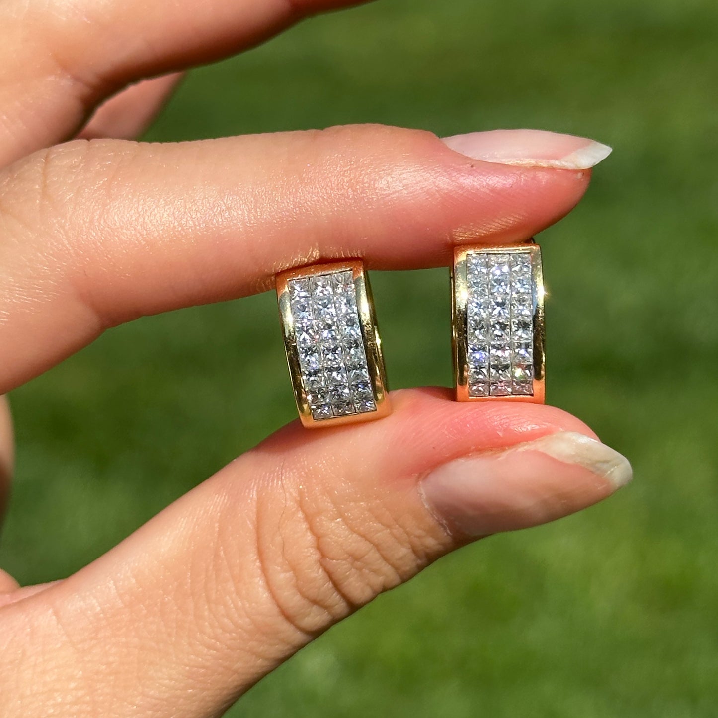 Estate 18KT Yellow Gold 3 Row Princess Cut Invisible Set Diamonds Huggie Earrings - LSJ