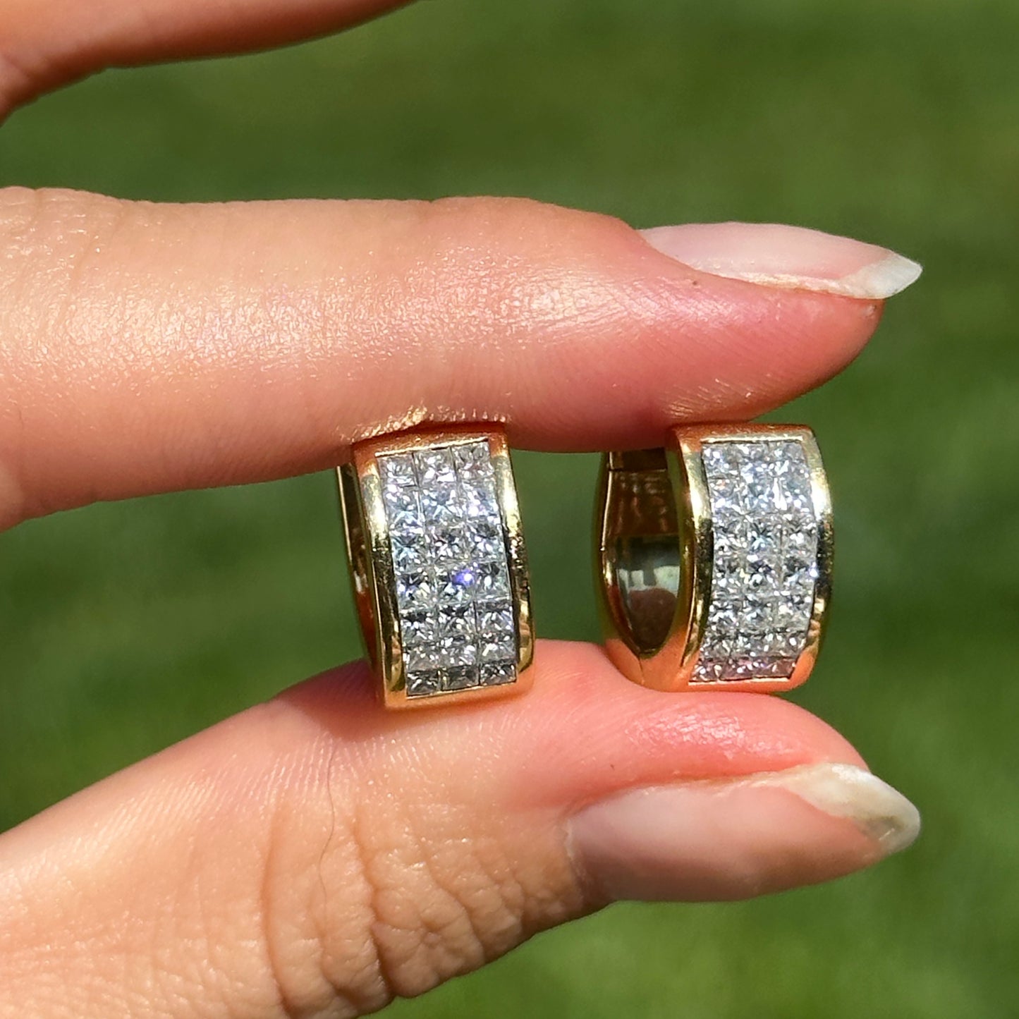 Estate 18KT Yellow Gold 3 Row Princess Cut Invisible Set Diamonds Huggie Earrings - LSJ