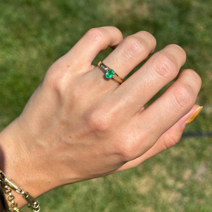 Estate 14KT Yellow Gold Oval Emerald + Diamond Cathedral Ring