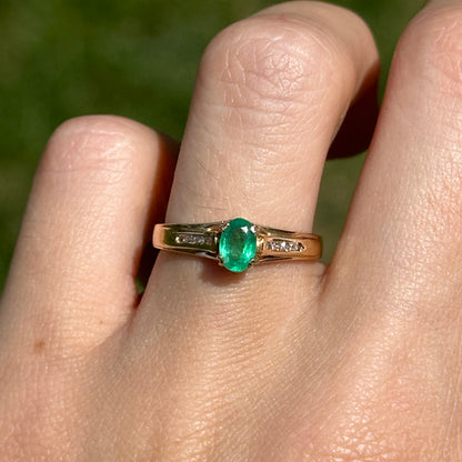 Estate 14KT Yellow Gold Oval Emerald + Diamond Cathedral Ring