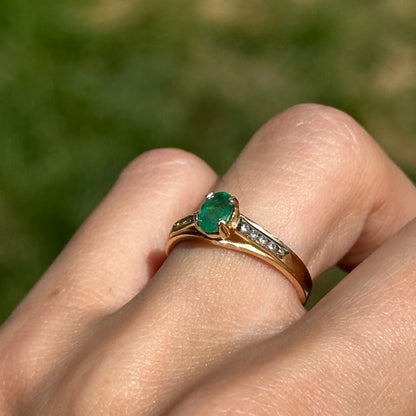 Estate 14KT Yellow Gold Oval Emerald + Diamond Cathedral Ring
