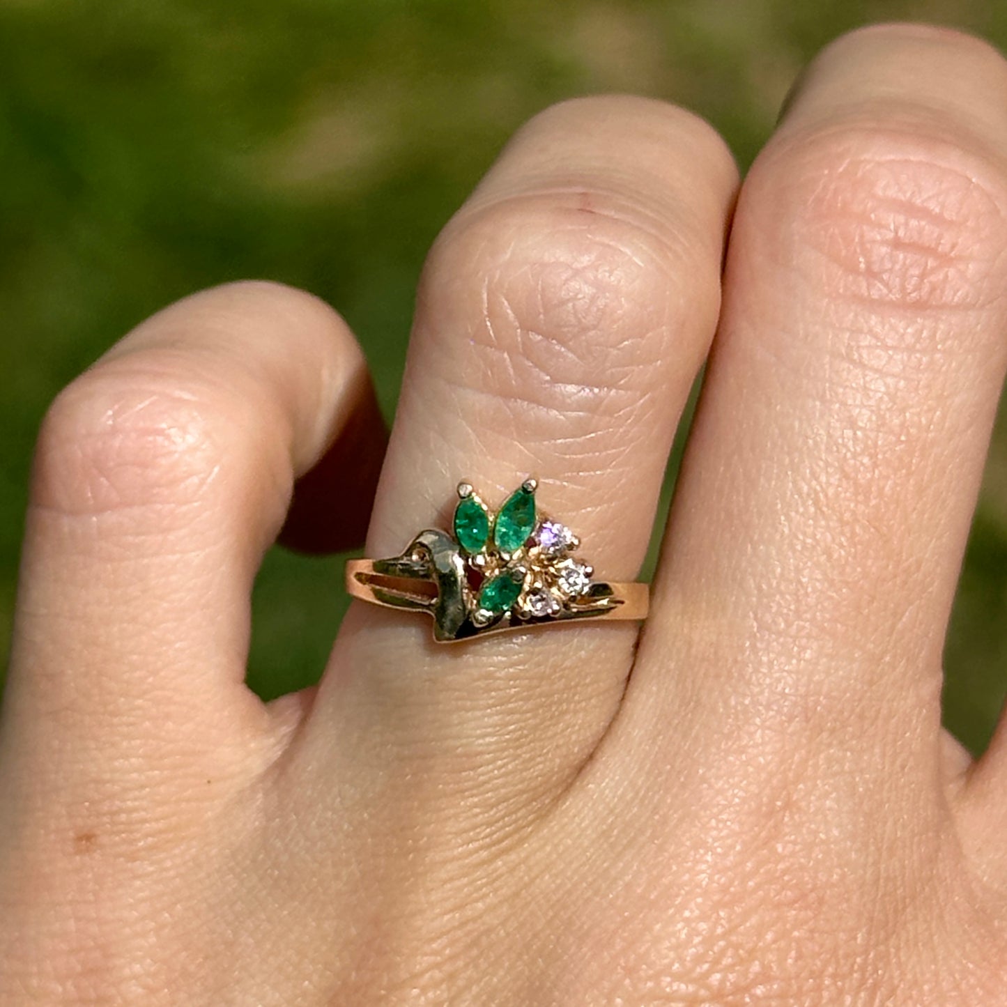 Estate 14KT Yellow Gold Marquise Emerald + Diamond Cluster Ring