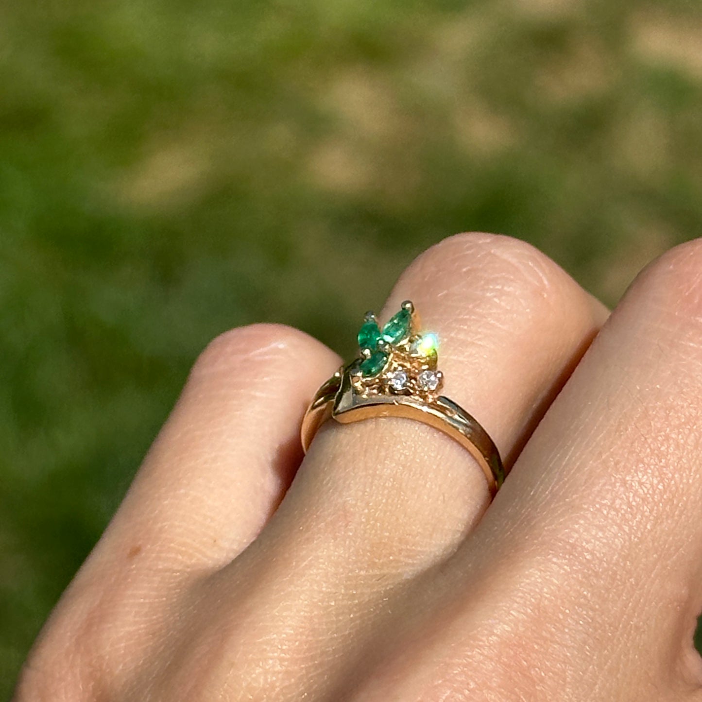 Estate 14KT Yellow Gold Marquise Emerald + Diamond Cluster Ring