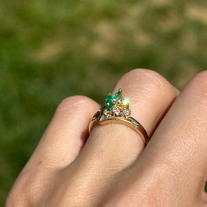 Estate 14KT Yellow Gold Marquise Emerald + Diamond Cluster Ring
