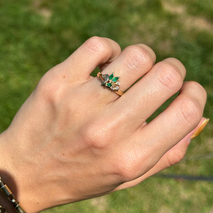 Estate 14KT Yellow Gold Marquise Emerald + Diamond Cluster Ring
