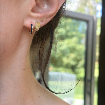 14KT Yellow Gold Solid Navy Blue Enamel Huggie Hoop Earrings Small