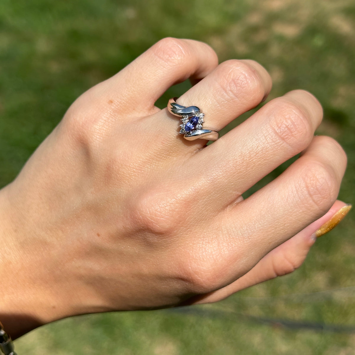 Estate 14KT White Gold Marquise Tanzanite + Diamond Bypass Ring