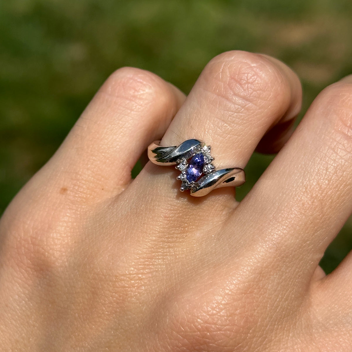 Estate 14KT White Gold Marquise Tanzanite + Diamond Bypass Ring