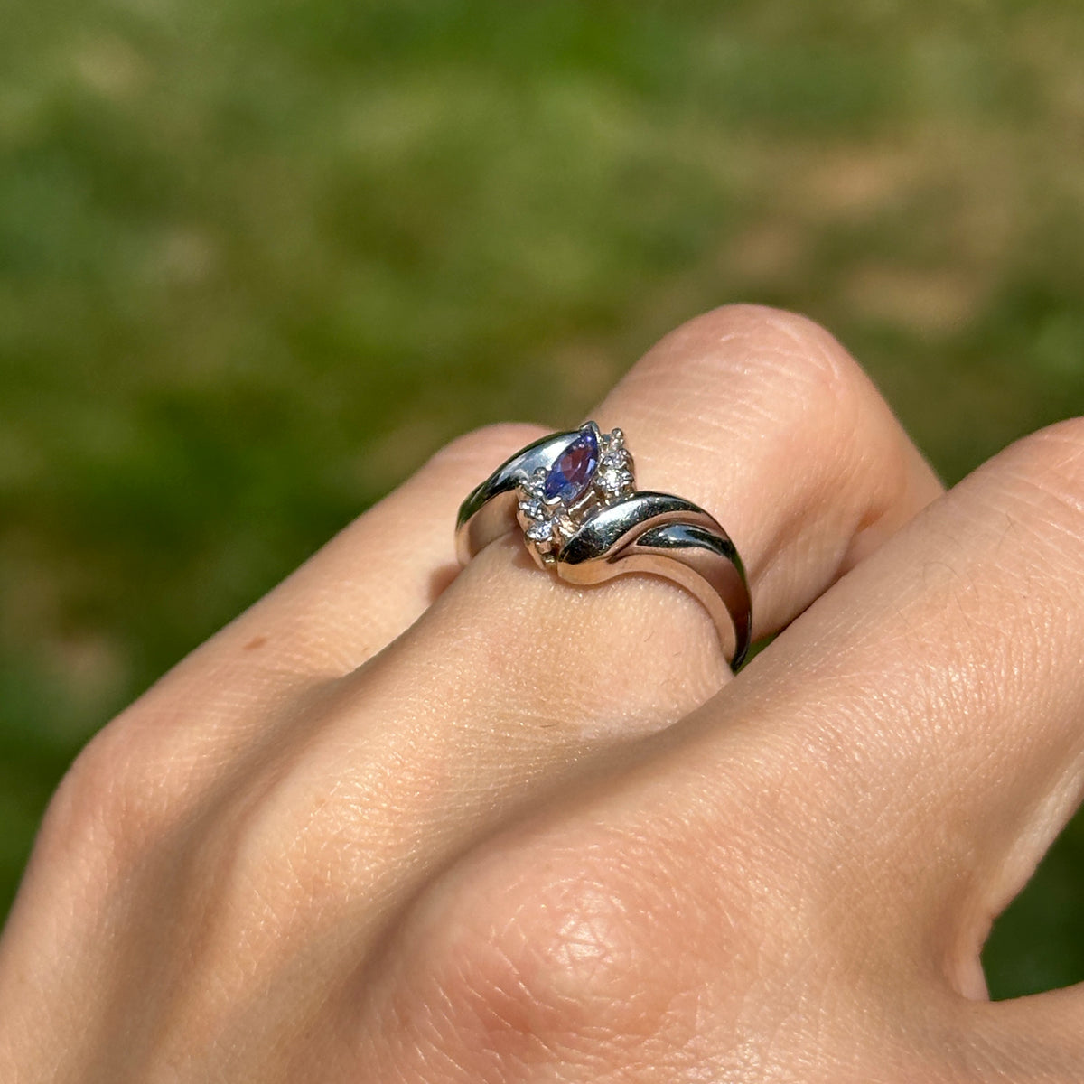 Estate 14KT White Gold Marquise Tanzanite + Diamond Bypass Ring
