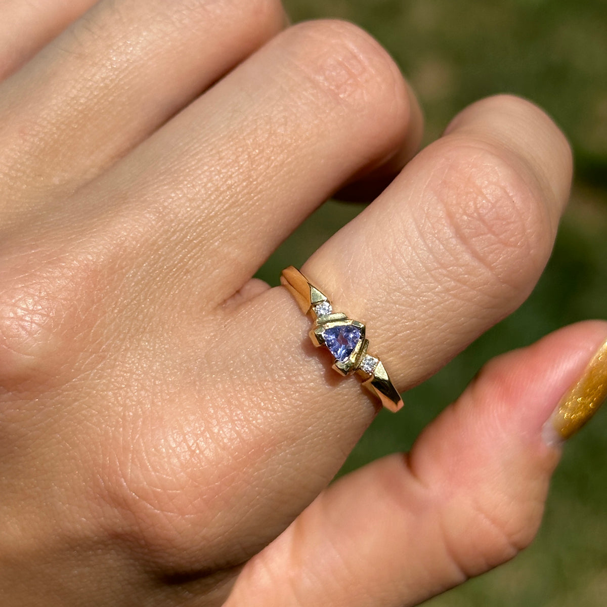 Estate 14KT Yellow Gold Trillion Tanzanite + Diamond Accent Ring