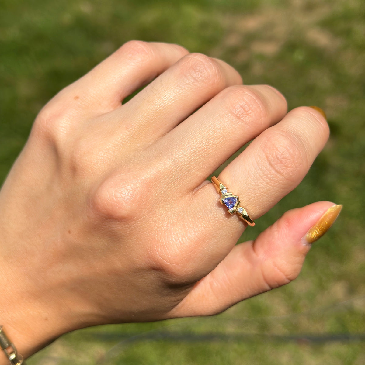 Estate 14KT Yellow Gold Trillion Tanzanite + Diamond Accent Ring