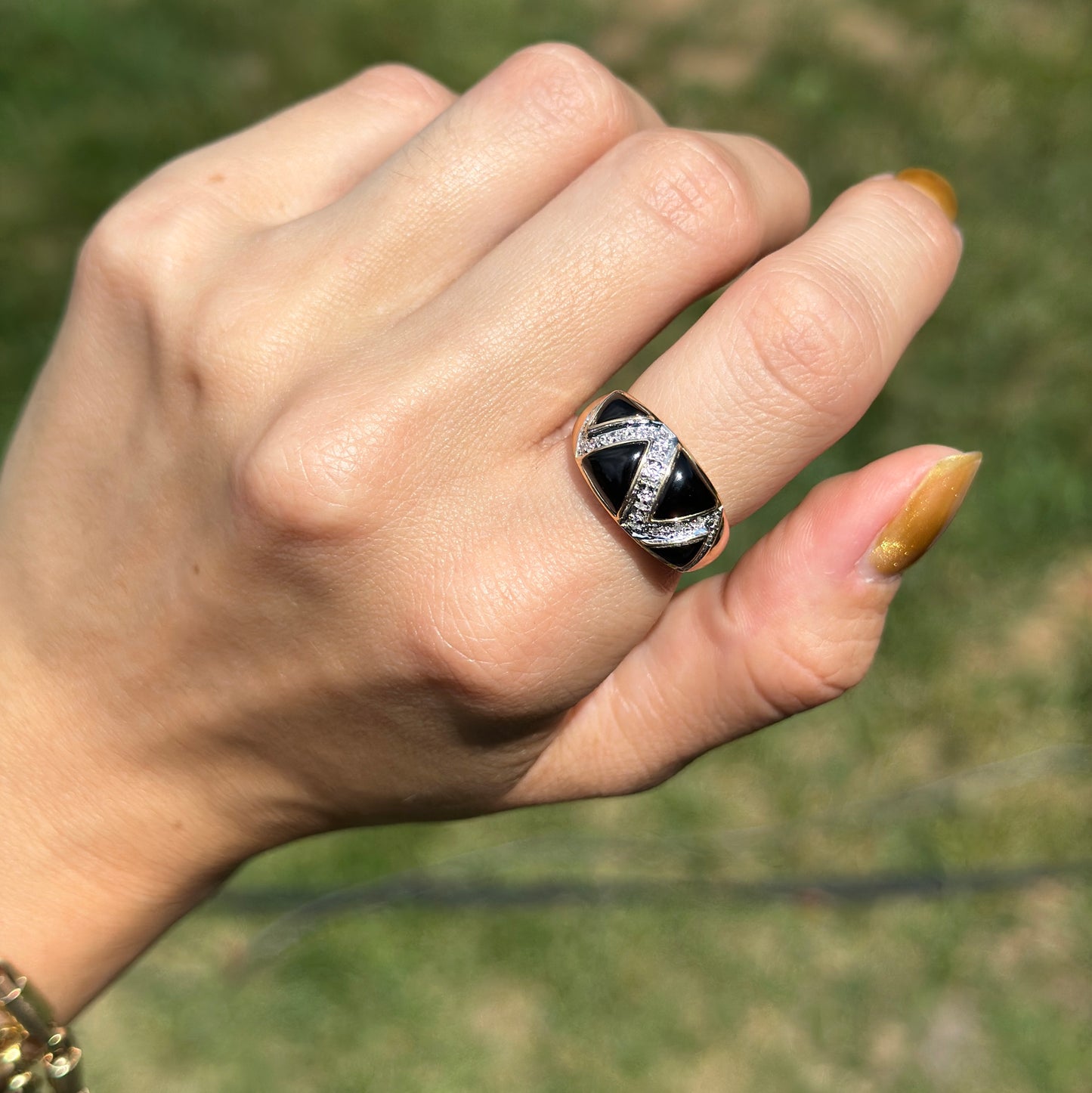 Estate 14KT Yellow Gold Domed Onyx + Diamond Ring