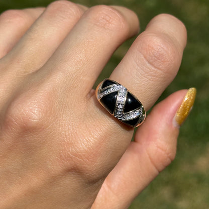 Estate 14KT Yellow Gold Domed Onyx + Diamond Ring