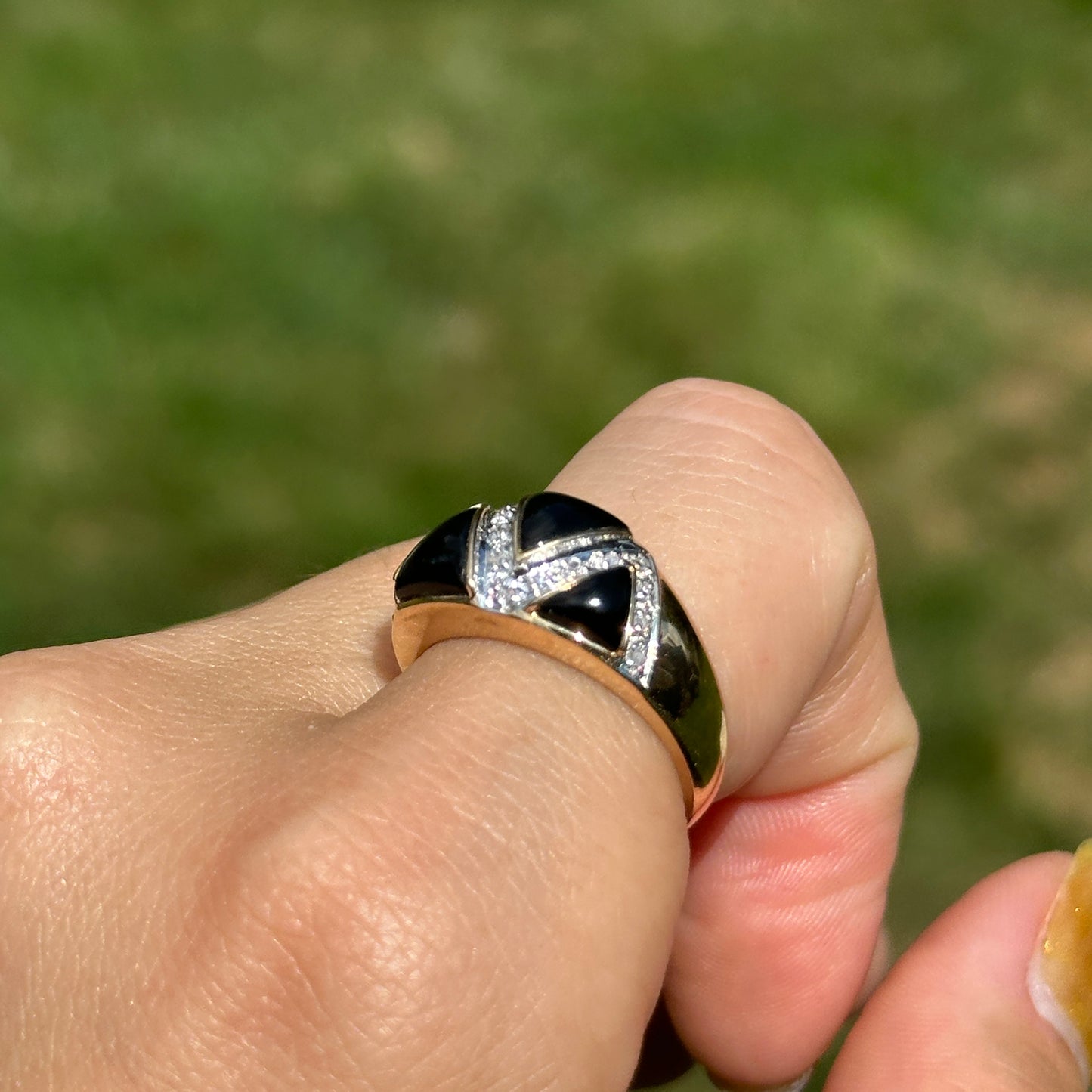 Estate 14KT Yellow Gold Domed Onyx + Diamond Ring