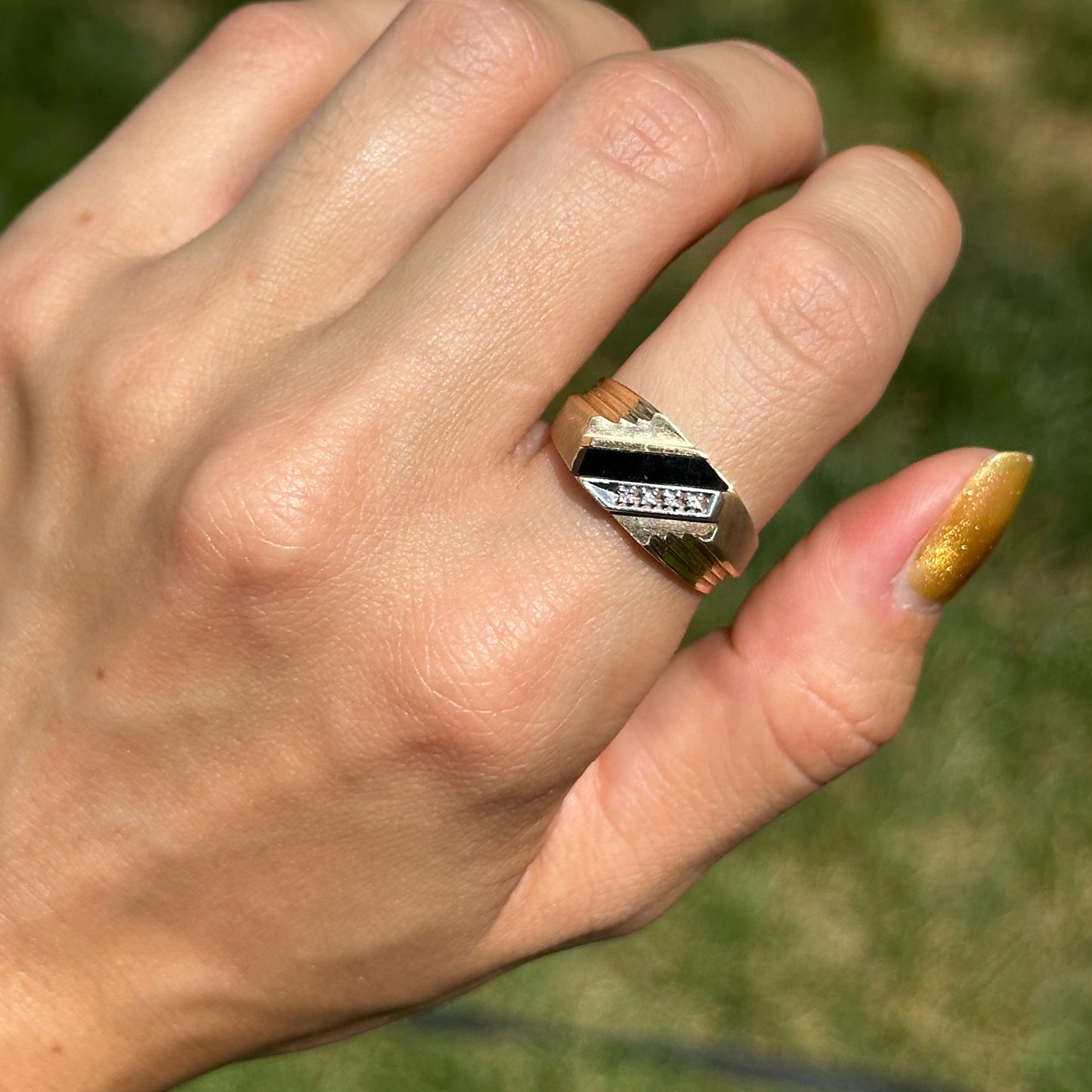 Estate 10KT Yellow and White Gold Onyx + Diamond Square Ring