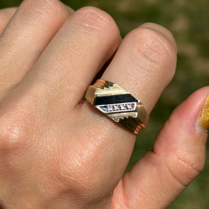 Estate 10KT Yellow and White Gold Onyx + Diamond Square Ring