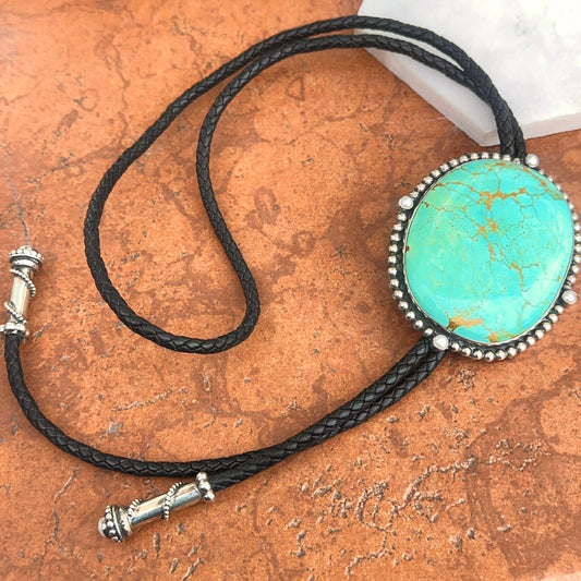 Estate Sterling Silver Large Kingman Turquoise + Pearl Black Leather Bolo Tie Necklace
