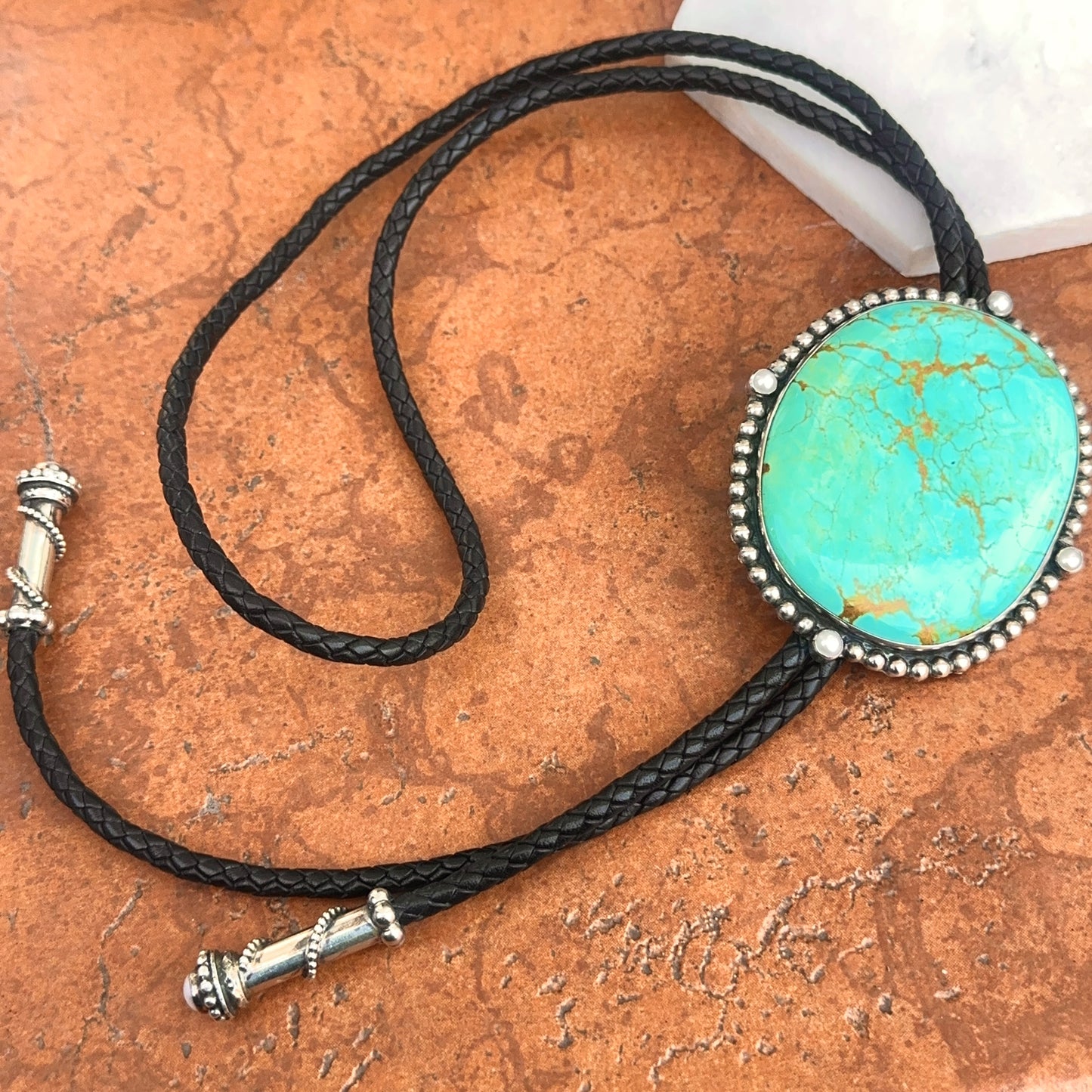 Estate Sterling Silver Large Kingman Turquoise + Pearl Black Leather Bolo Tie Necklace