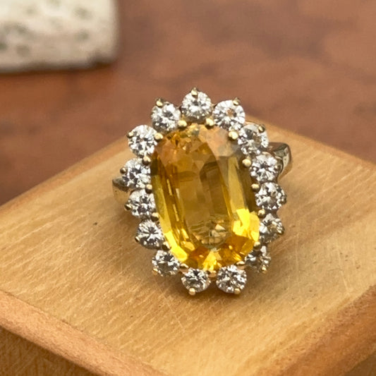 Estate 18KT Yellow Gold Oval Yellow Sapphire + Diamond Halo Ring