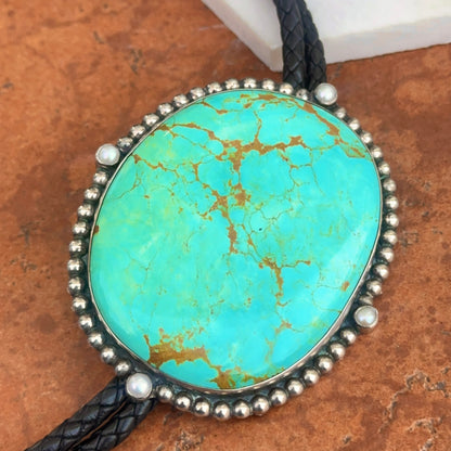 Estate Sterling Silver Large Kingman Turquoise + Pearl Black Leather Bolo Tie Necklace