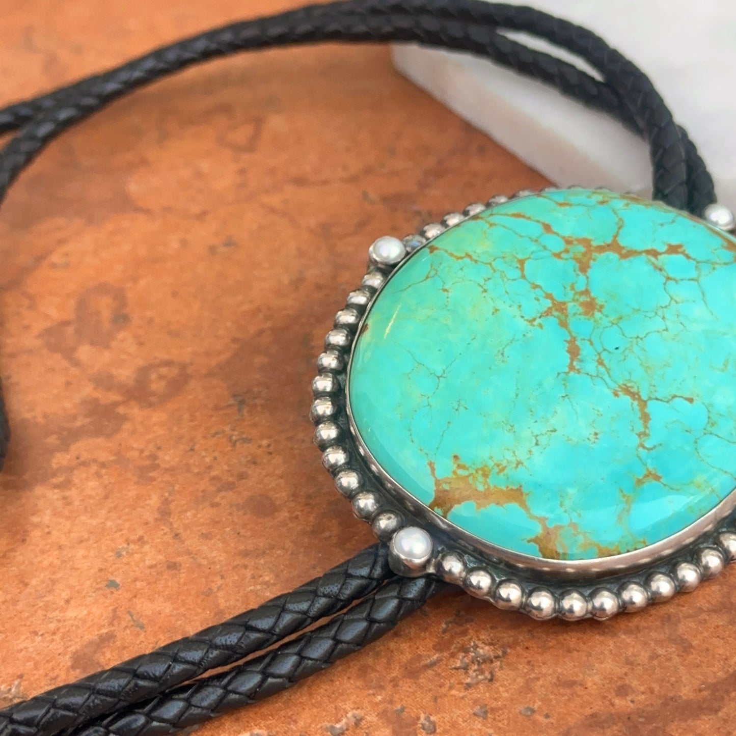 Estate Sterling Silver Large Kingman Turquoise + Pearl Black Leather Bolo Tie Necklace
